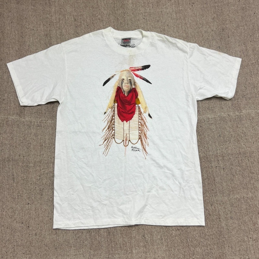 Vintage Austin Real Rider Shirt Mens Large White 1990s Art Native Nowha